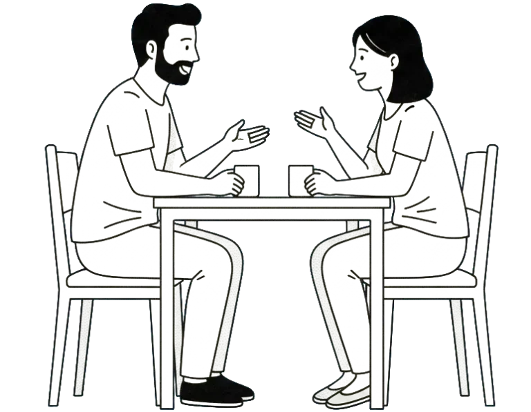 Illustration of a man and a woman having a conversation at a table, representing a coaching consultation or discovery call.