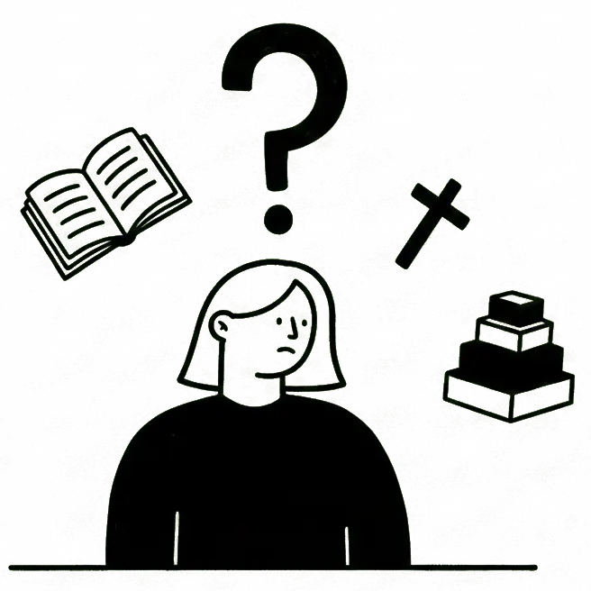 An illustration representing feeling stuck despite doing the right things, featuring a person questioning their path alongside a Bible and a cross, illustrating the need for faith-based life alignment.
