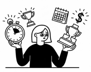 An illustration of an exhausted woman holding a clock and a trophy, representing burnout from hustle culture and the need for Christian executive coaching.
