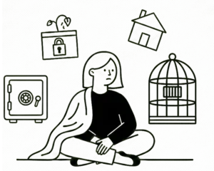 Illustration of a woman sitting wrapped in a blanket surrounded by a safe, a cage, and a locked plant, representing masked complacency and burying one's gifts.