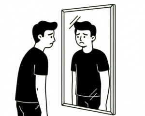 Illustration of a man looking sadly at his reflection in a mirror, representing outward success but inward longing for spiritual alignment.