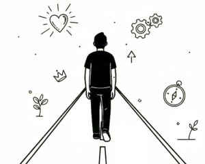Illustration of a person walking down a narrow path toward a heart and a compass, representing a presence-driven life and spiritual formation.