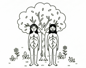 Illustration of Adam and Eve standing by a tree, representing God's original design of intimacy before work and faith-based life alignment.