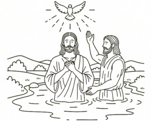 an illustration of Jesus being baptized in a river with a dove descending from above, paired with the text "And the same is true for you"