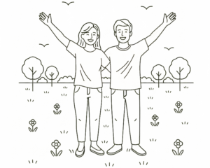 A line art illustration of a joyful man and woman with raised arms standing in a field, representing freedom and finding one's identity in God.