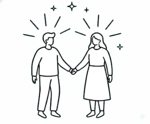 Line art illustration of a man and woman holding hands, representing spiritual connection and the YASIGE coaching journey.
