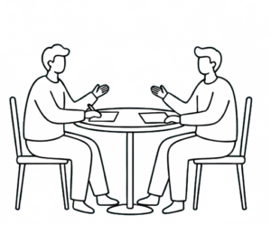 Line art illustration of two people talking at a table, representing a 1-on-1 faith-based coaching discovery call.