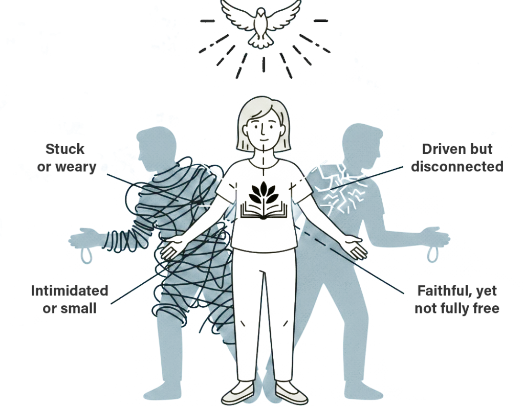 Illustration of a woman stepping forward with an open book on her chest and a dove above, breaking free from shadows labeled 'stuck' and 'driven but disconnected,' representing faith-based life alignment.