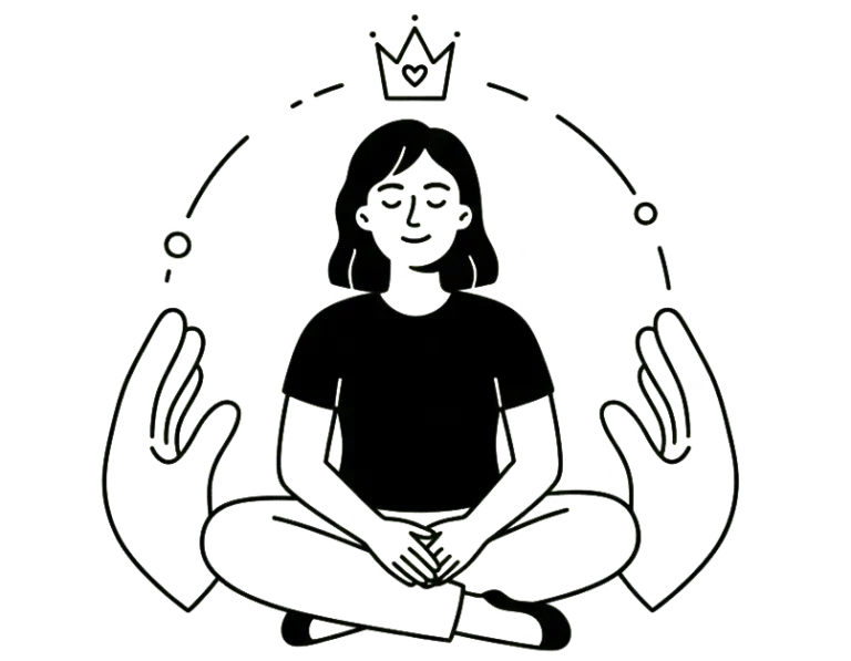 Illustration of a peaceful woman sitting cross-legged and held securely by large hands with a crown above her, representing yielding to your sacred identity in Christ.