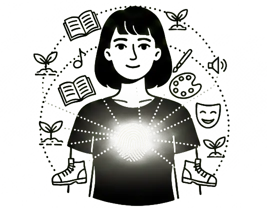 Illustration of a woman with a glowing fingerprint on her heart, surrounded by icons of gifts and skills, representing awakening to your God-given design and purpose.