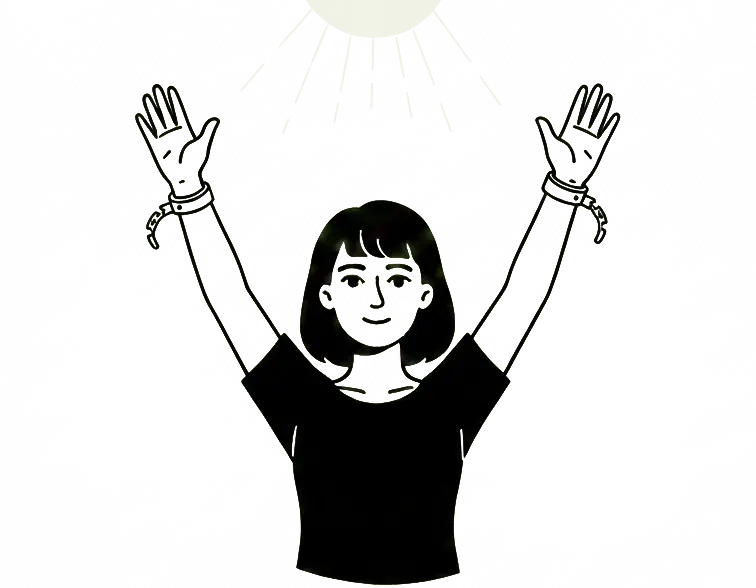 Illustration of a woman raising her hands in surrender with broken restraints on her wrists, representing letting go of control and performance burdens.