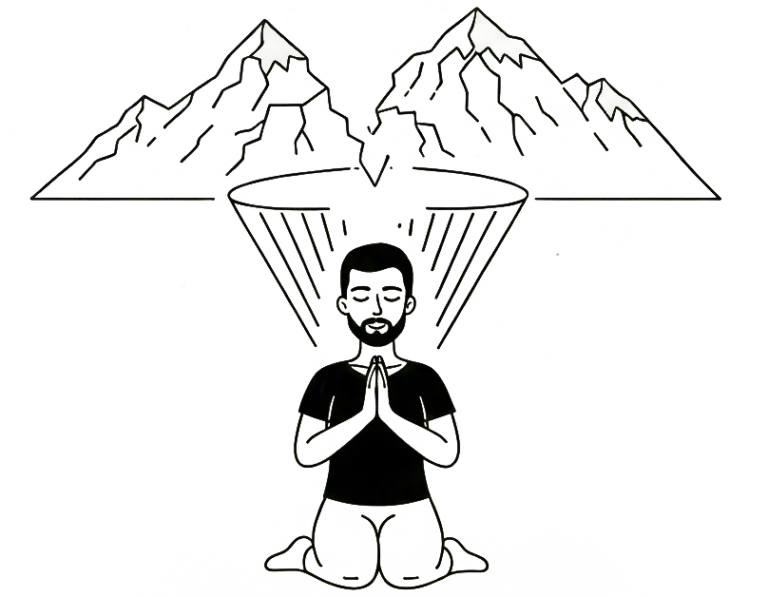 Illustration of a kneeling man praying beneath mountains, representing intercession and spiritual breakthroughs in faith-based coaching.