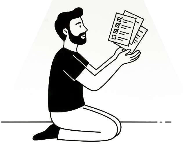 Illustration of a man offering his checklists to God, representing setting goals through spiritual discernment rather than pressure.
