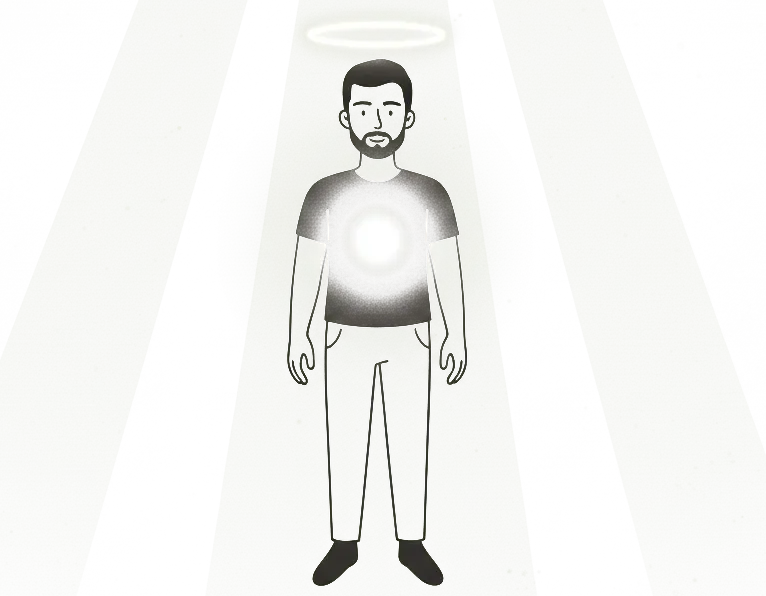 Illustration of a man standing in a beam of light with a glowing heart, representing evolving to Christlikeness and spiritual formation.